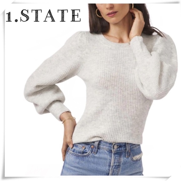 1 State Ruffle Balloon Sleeve Crewneck Rib Sweater Silver in light Gray New - Picture 1 of 8